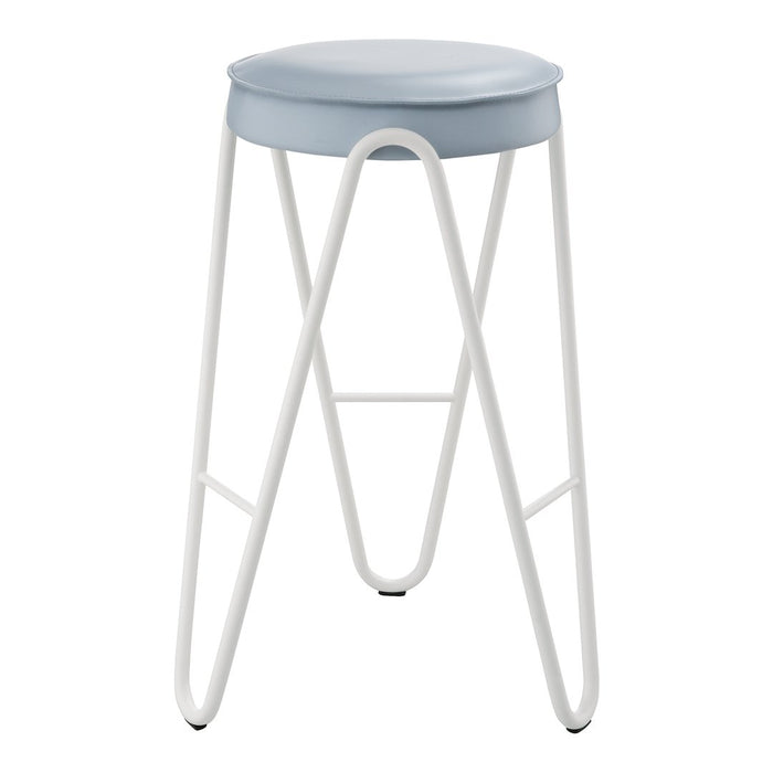 Light blue round seat with a white metal frame, featuring a sleek, minimalist design and modern aesthetic.