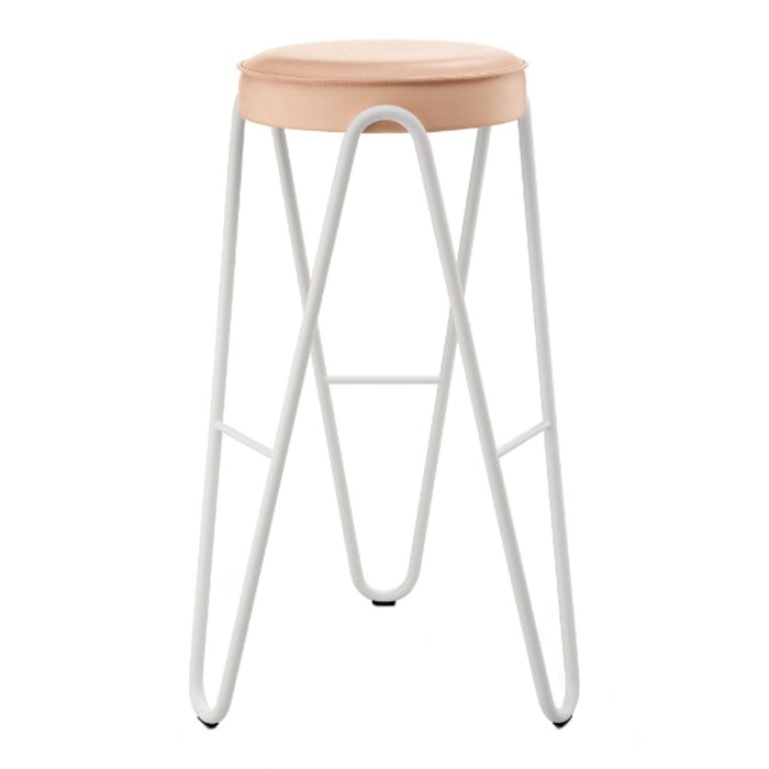 Peach cushion with sleek white metal legs, offering a modern and minimalist design. Perfect for stylish seating.