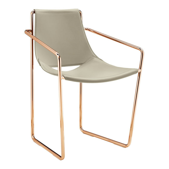 Modern chair with a sleek beige seat and rose gold metal frame, featuring a minimalist design.