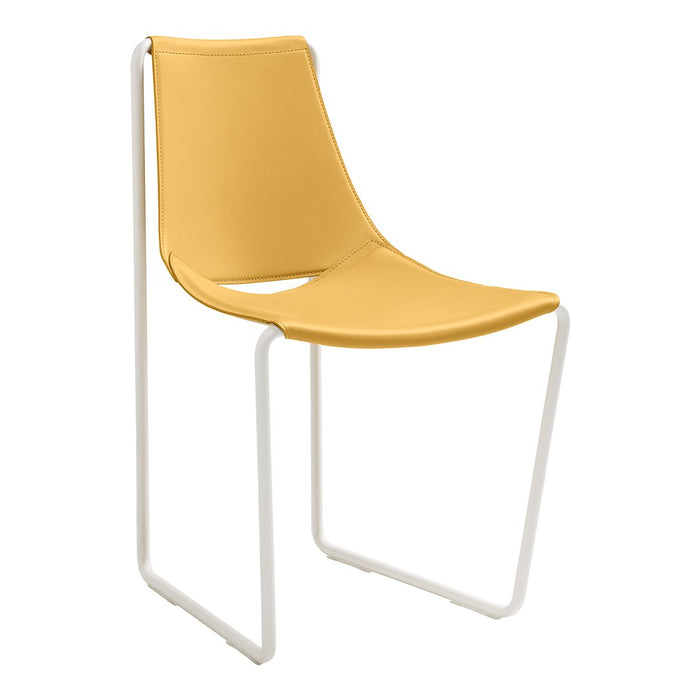 Yellow contemporary chair with a smooth surface and white metal frame, perfect for modern decor.