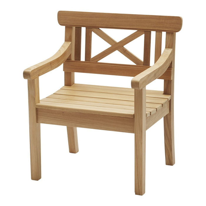 Natural wood chair in light tan with a slatted seat and a cross-back pattern. Perfect for outdoor spaces.