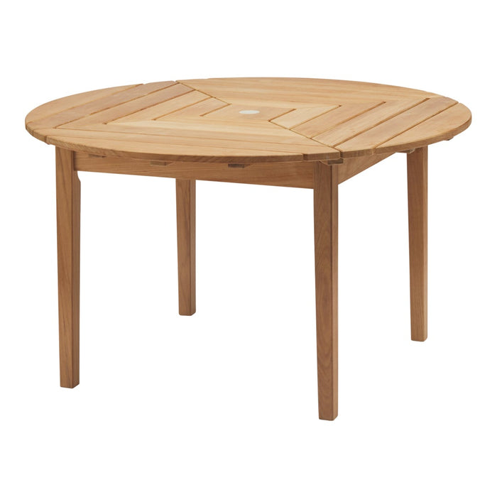 Round wooden table with a natural finish, featuring a slatted pattern and light brown tones. Suitable for outdoor use.