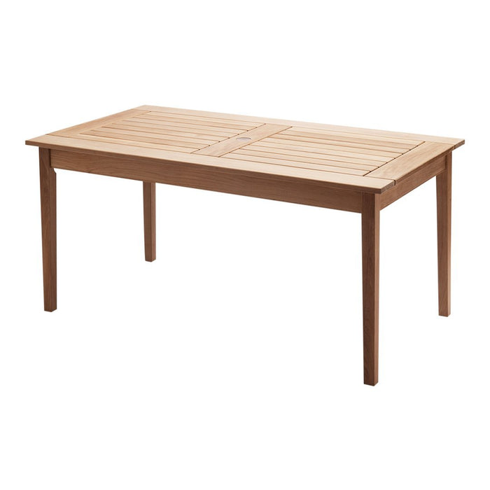 Light brown wooden table with a slatted top design, perfect for outdoor or indoor use.