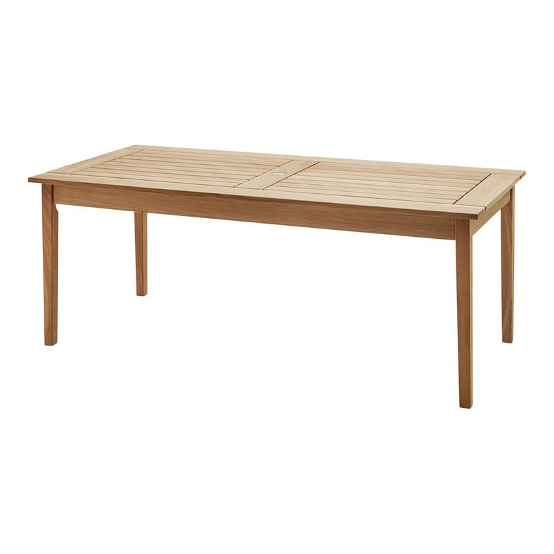 Light brown wooden table with a slatted top design, featuring a natural finish for an elegant, rustic look.