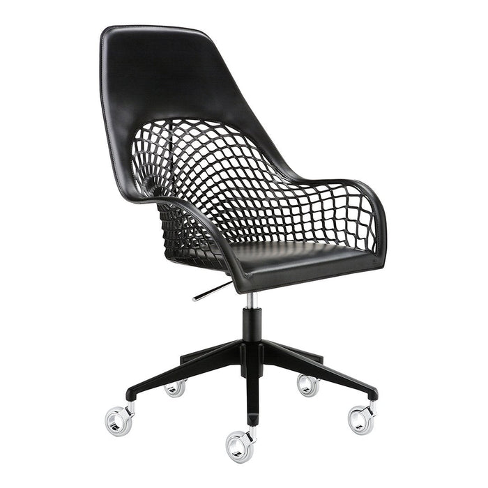 Black mesh office chair with a sleek design and modern chrome base, featuring a unique lattice pattern.