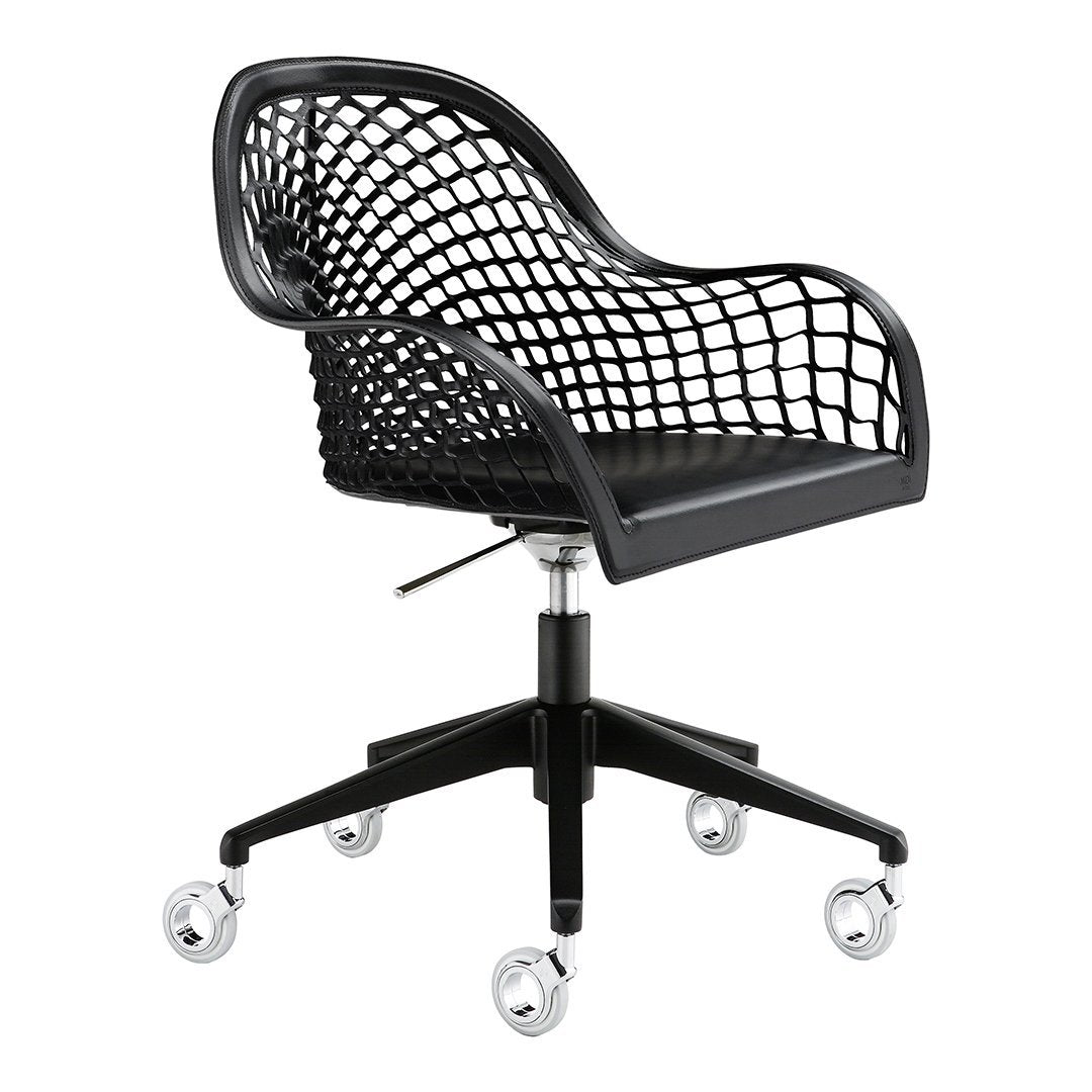 Black mesh office chair with a sleek design and a modern pattern, featuring a smooth black seat and wheeled base.
