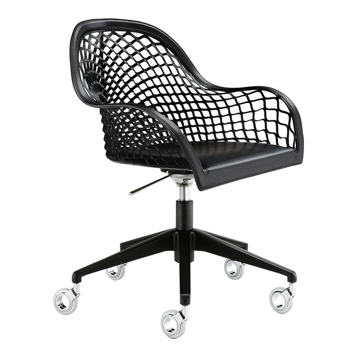Black mesh office chair with a sleek design and a modern pattern, featuring a smooth black seat and wheeled base.