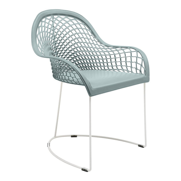 Light blue mesh-pattern chair with a modern design and white metal legs, perfect for contemporary decor.