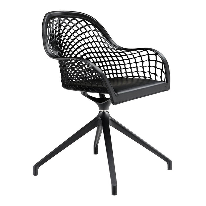 Black mesh chair with a modern design and geometric pattern on a sleek black metal base.