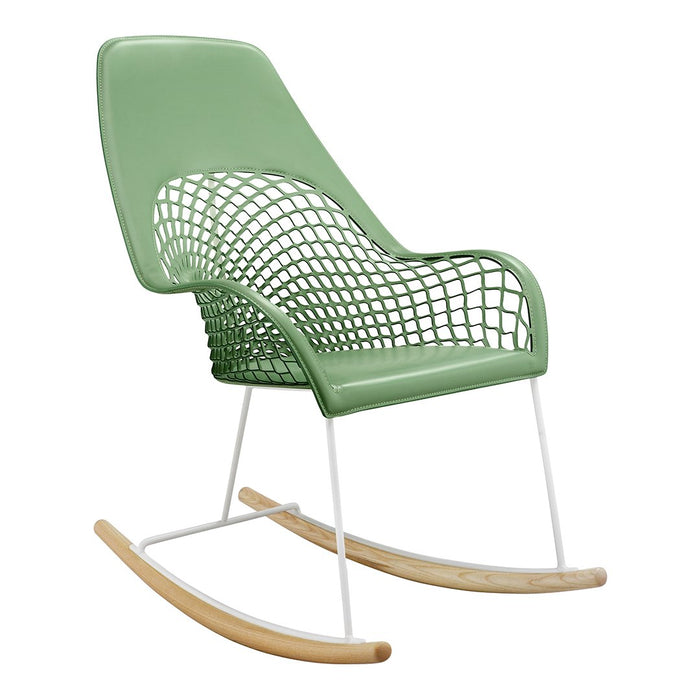 Light green rocking chair with a woven pattern and wooden rockers. Modern design for stylish home decor.