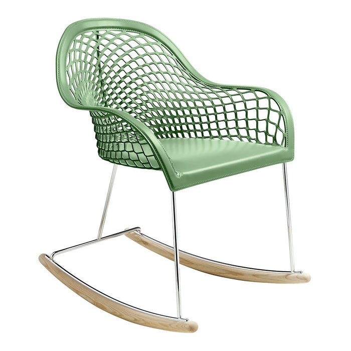 Light green rocking chair with a woven pattern and stainless steel accents, featuring natural wooden rockers.