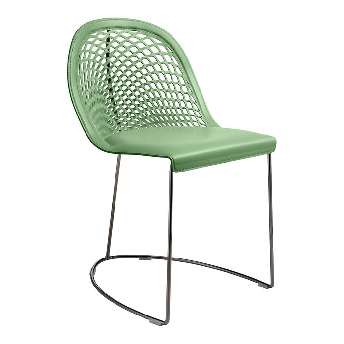 Green lattice-patterned chair with a sleek metal base, perfect for modern decor.