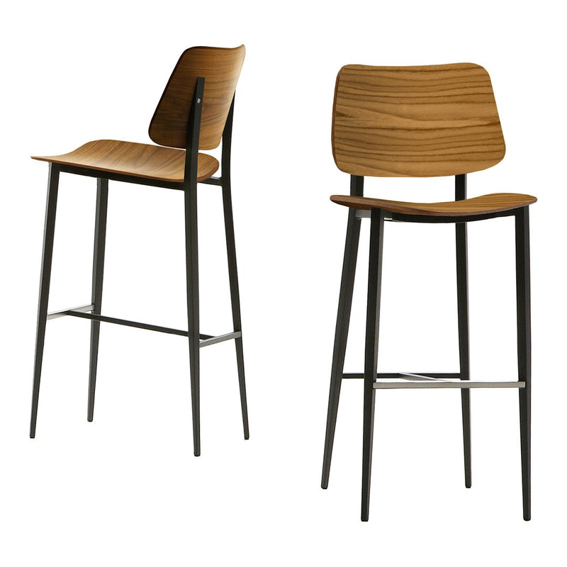 Wooden bar stool with a warm walnut finish and sleek black metal legs. Simple, modern design for stylish decor.