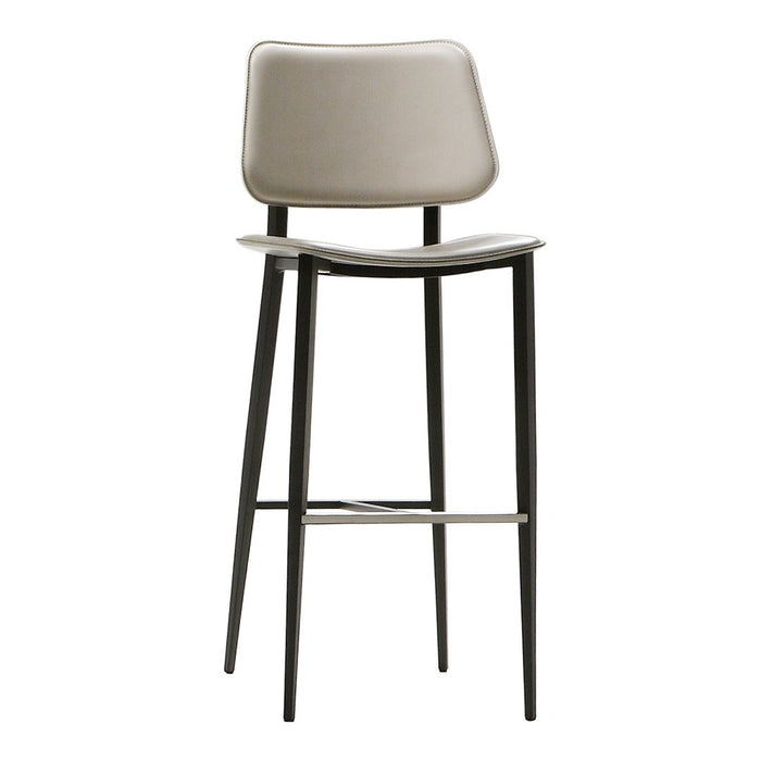 "Modern bar stool in soft beige with a sleek black metal frame, featuring a minimalist design."