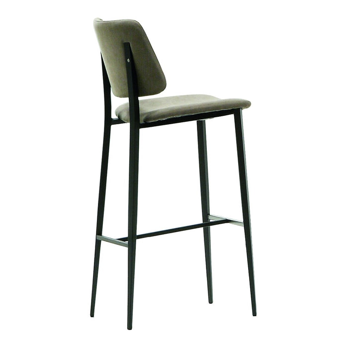 Gray velvet bar stool with a sleek black metal frame and minimalist design. Ideal for modern decor.
