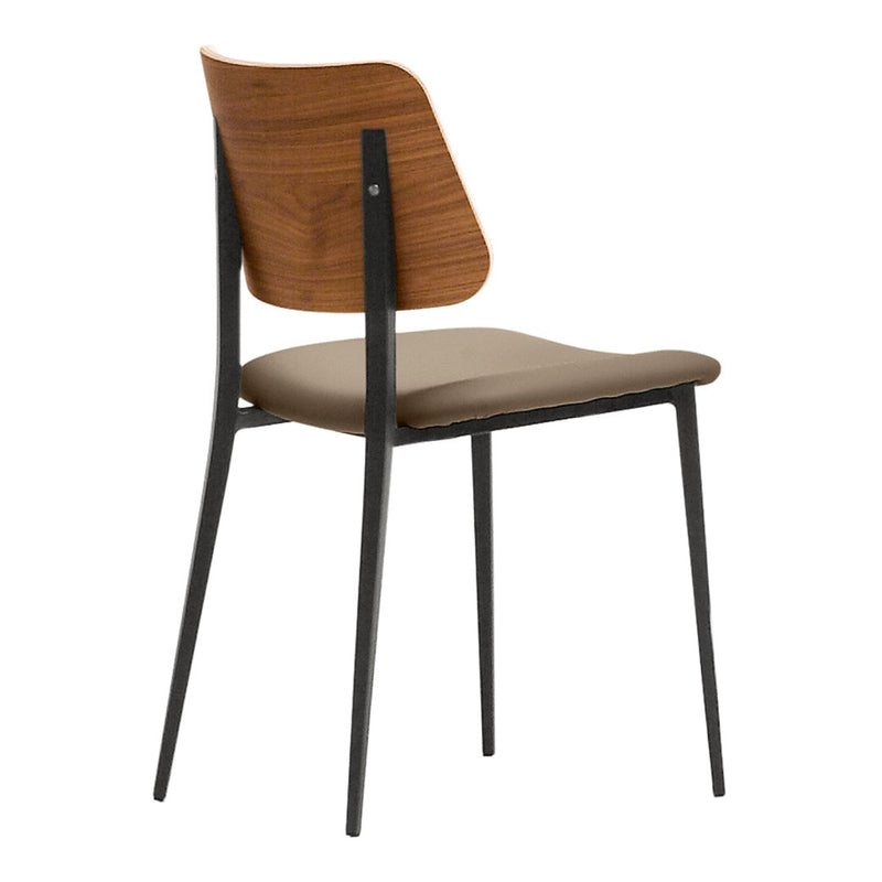 Modern dining chair featuring a walnut wood backrest and a tan cushioned seat with sleek black metal legs.