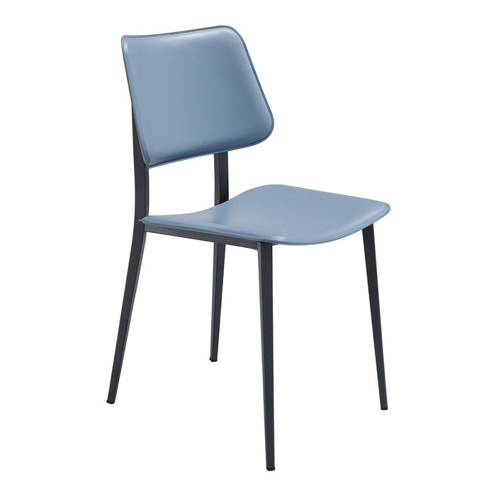 Sky blue chair with a smooth, glossy finish and sleek black metal legs, offering a modern, minimalist design.