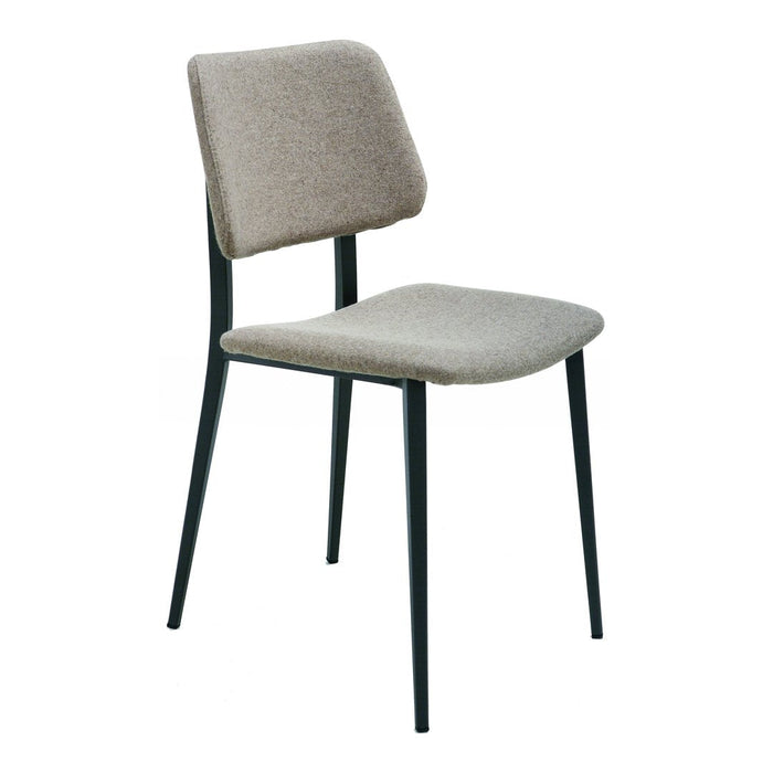 Gray upholstered chair with a minimalist design and black metal legs. Perfect for modern decor.