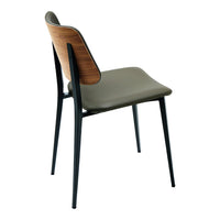 Modern chair with a sleek gray seat, warm wood back, and black metal legs. Minimalist design with natural tones.