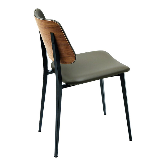 Modern chair with a sleek gray seat, warm wood back, and black metal legs. Minimalist design with natural tones.