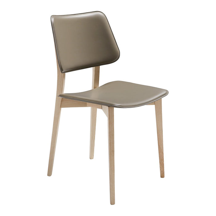 Sleek taupe chair with a smooth finish and wooden legs, perfect for modern decor.