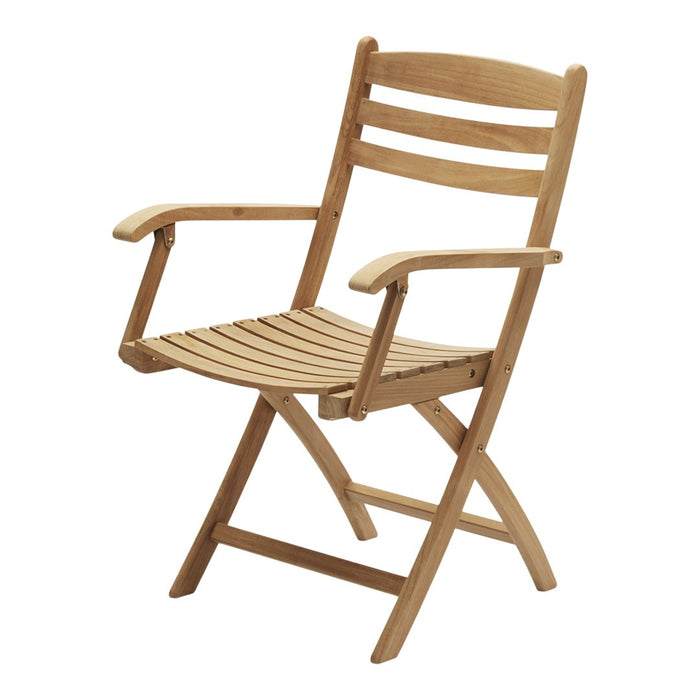 Light brown wooden folding chair with slatted seat and back, featuring a natural finish and a simple, classic design.