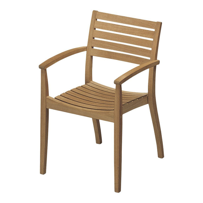 Light wood-colored chair with horizontal slat design, showcasing a natural finish ideal for outdoor or indoor use.