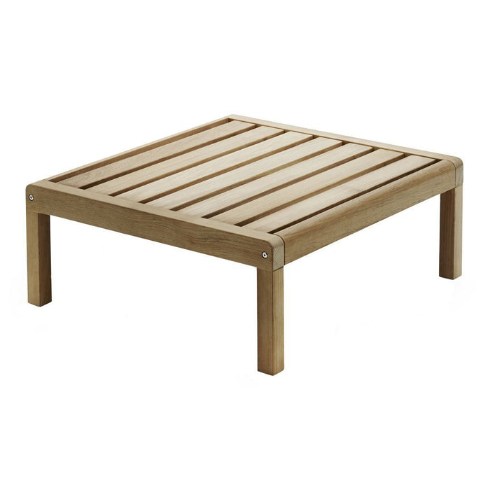 Natural wood coffee table with a slatted design, featuring a light beige finish and simple, modern lines.
