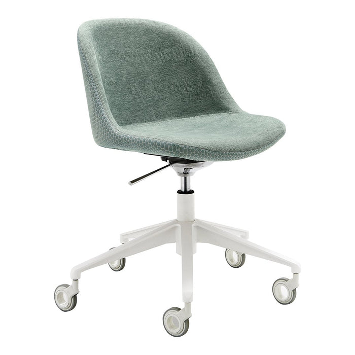 Light green upholstered office chair with a smooth texture and white wheeled base. Modern and stylish design.