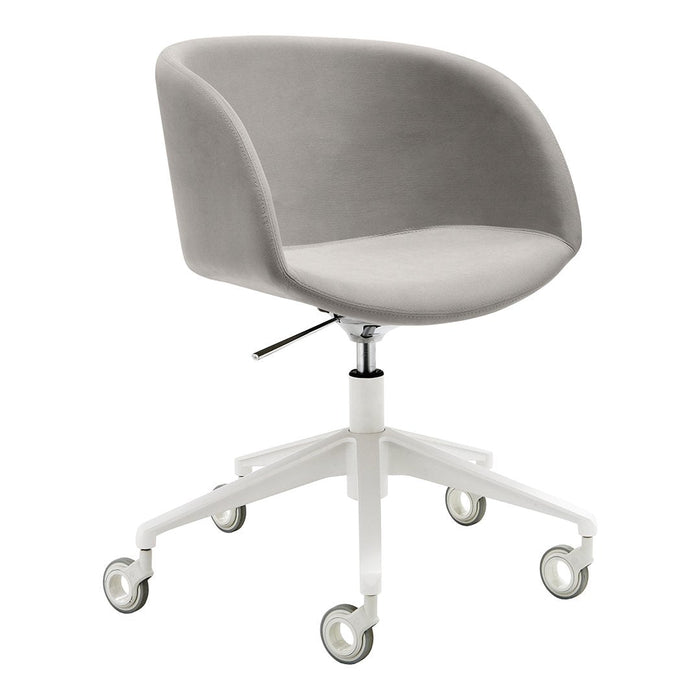 Gray velvet office chair with a smooth, curved design and white wheeled base, perfect for modern workspaces.