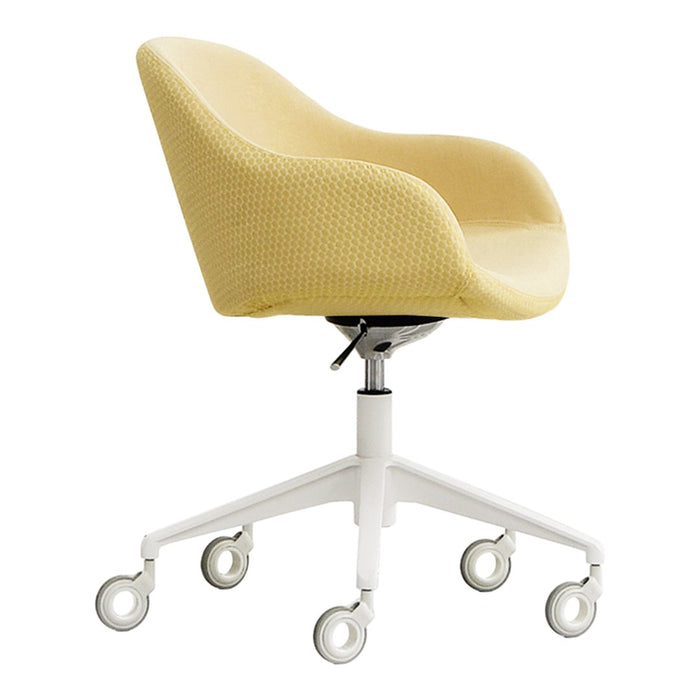 Yellow perforated chair with a smooth white swivel base and rolling wheels, perfect for stylish office decor.