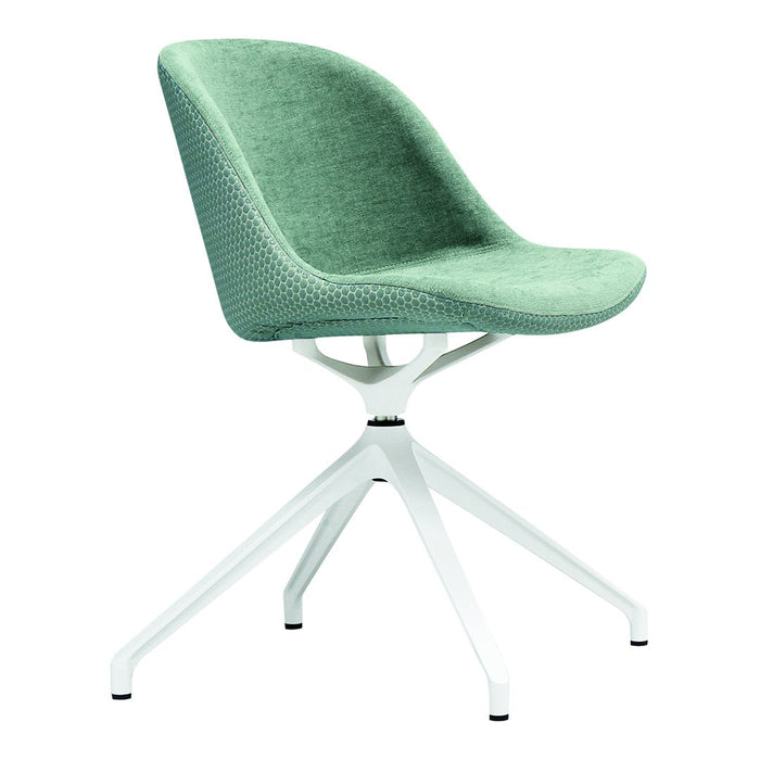 Mint green ergonomic chair with textured fabric seat and a sleek white metal base. Modern and stylish design.