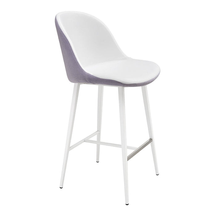 White and lavender modern bar stool with sleek design and metal legs, perfect for contemporary decor.