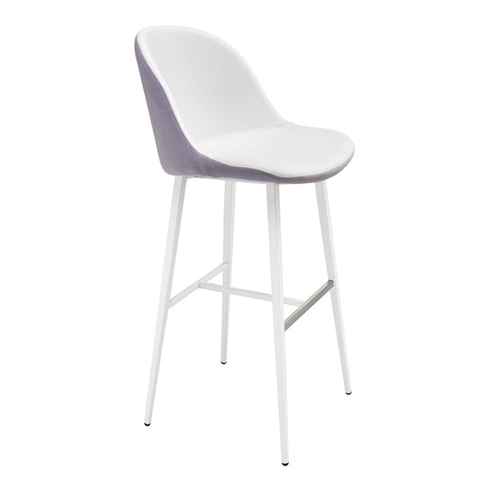 Stylish stool featuring a sleek white seat and soft lavender backrest, supported by minimalist white legs.