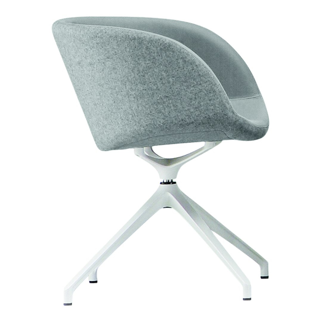 Gray upholstered chair with a smooth, curved design and a sleek white metal base. Perfect for modern decor.