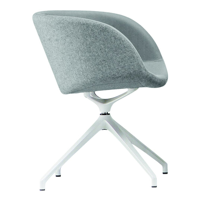 Gray upholstered chair with a smooth, curved design and a sleek white metal base. Perfect for modern decor.