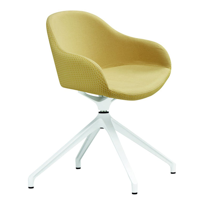Yellow patterned chair with a sleek white base, perfect for modern decor. Simple and stylish design.