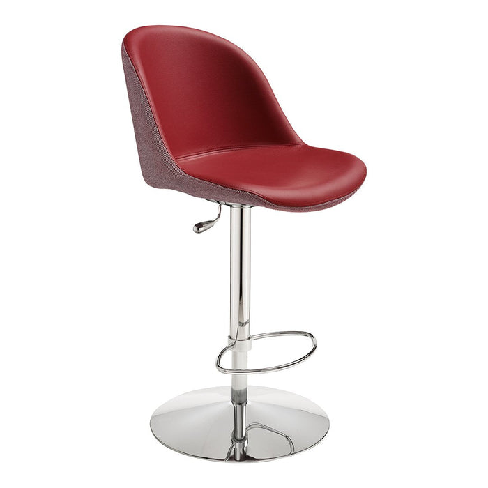 Red and gray bar stool with a sleek chrome base and contemporary design. Perfect for modern interiors.