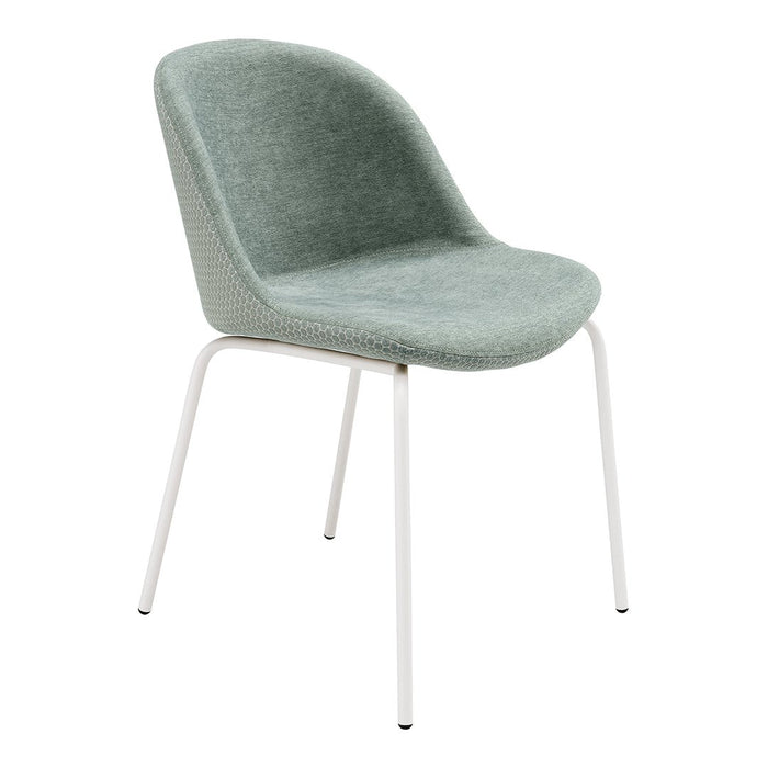 Mint green upholstered chair with a smooth finish and white metal legs. Modern, minimalist design.