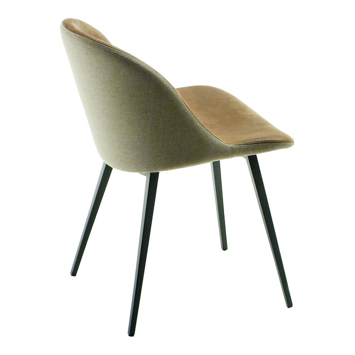 Beige upholstered chair with a smooth, curved design and black metal legs, showcasing a minimalist aesthetic.