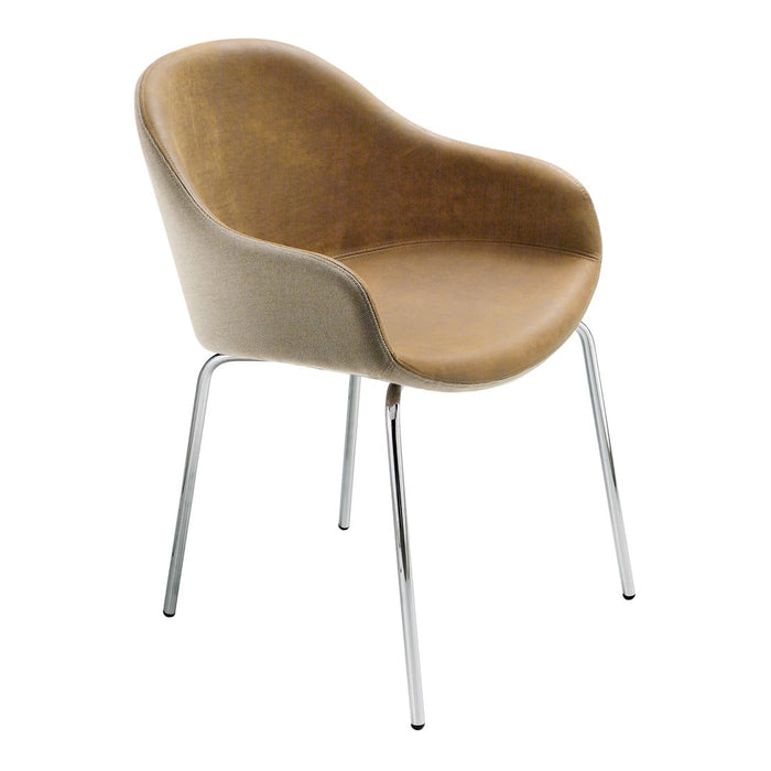 Contemporary chair in warm tan with a textured finish and sleek chrome legs for a modern look.