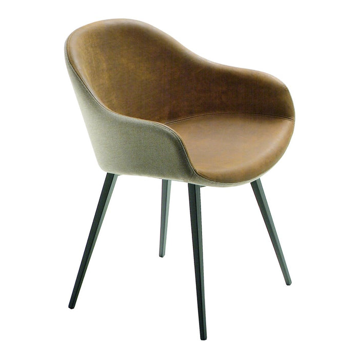 Brown and gray upholstered chair with sleek black legs, featuring a curved, modern design. Perfect for contemporary decor.