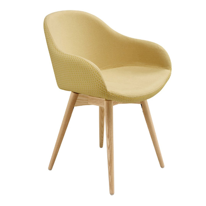 Yellow textured chair with smooth curves and natural wood legs, perfect for modern decor.