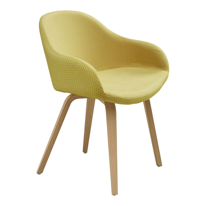 Yellow upholstered chair with a textured pattern and natural wood legs, adding a bright touch to any space.