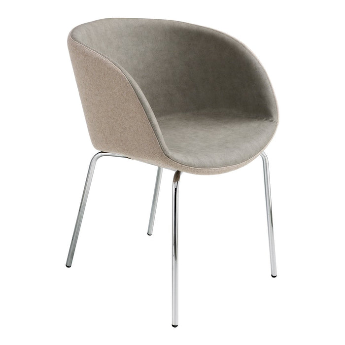 Light beige upholstered chair with smooth curves and sleek chrome legs, perfect for modern decor.