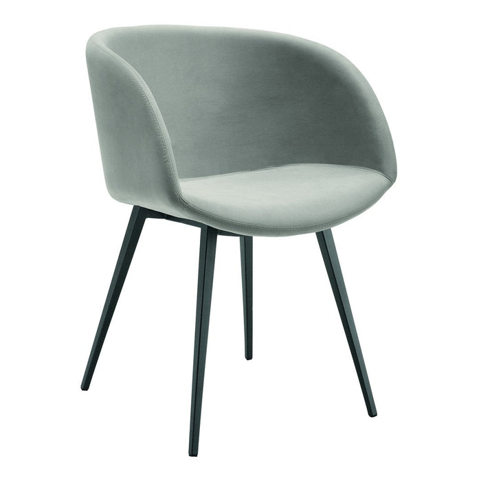 Light gray upholstered chair with a smooth, rounded back and black metal legs. Perfect for modern decor.