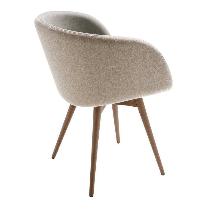 Beige upholstered chair with a soft, curved backrest and wooden legs, perfect for contemporary decor.