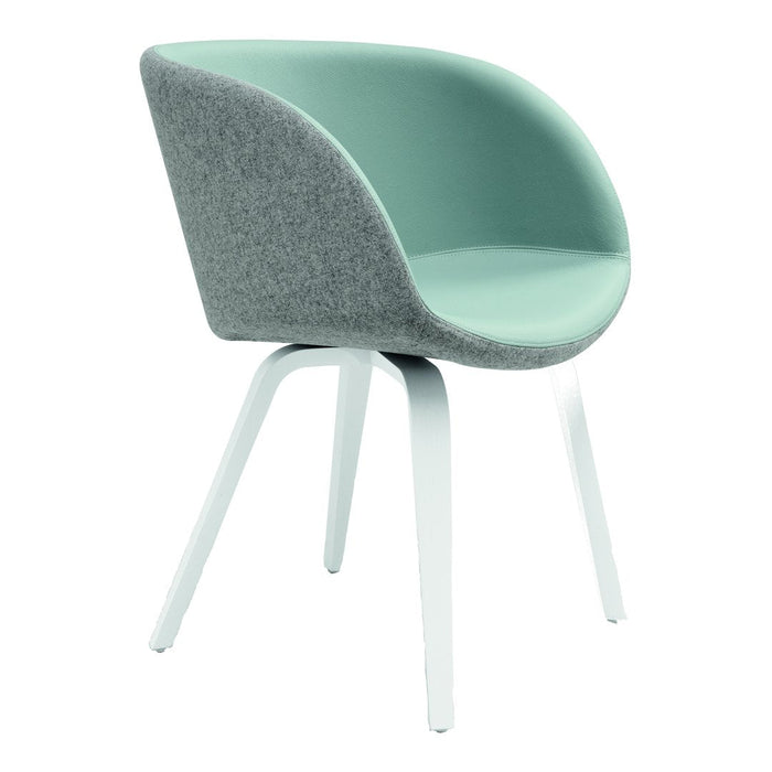 Light grey felt chair with a mint green seat, featuring smooth curves and sleek white legs. Stylish and modern design.