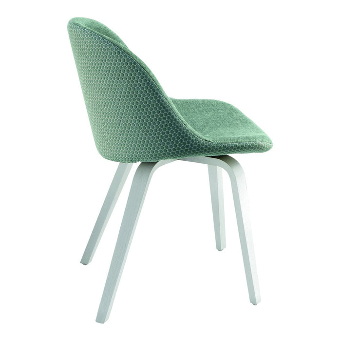 Mint green textured fabric chair with sleek white legs. Modern design with a unique pattern for stylish decor.