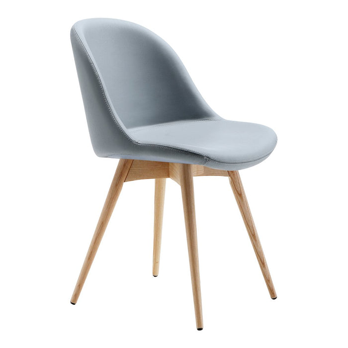 Light gray upholstered chair with smooth curves and natural wood legs, perfect for modern decor.